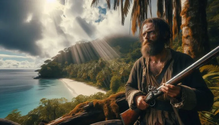 Homem numa ilha tropical com um mosquete em mãos