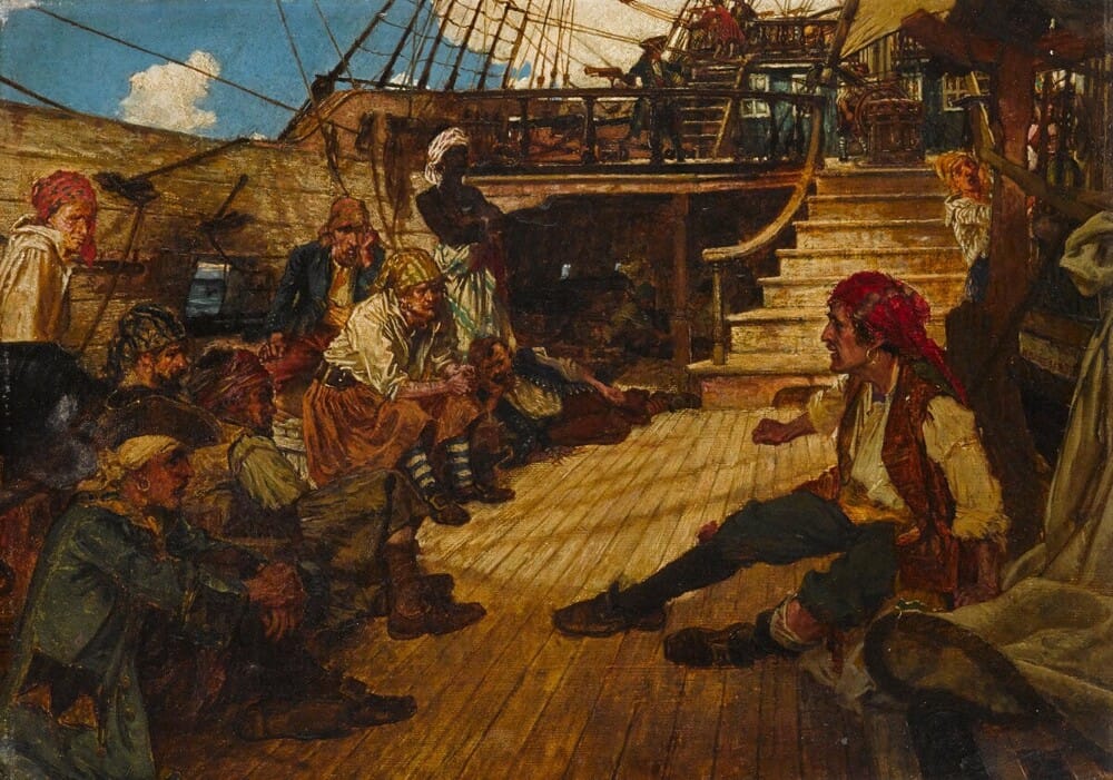 um grupo de piratas no convés de um navio antigo
